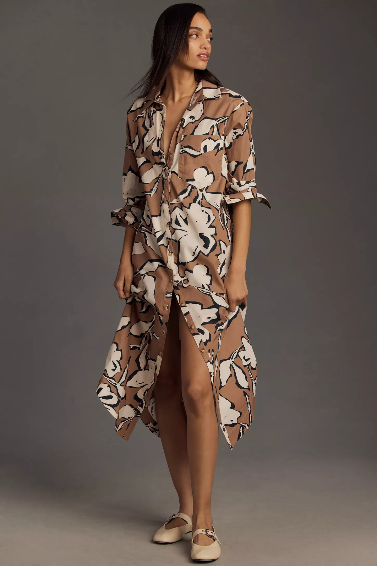 Chic Brown Poly Rayon Floral Print Dress