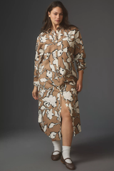 Ravising Brown Poly Rayon Collared Dress With Floral Print & Cuff Sleeve