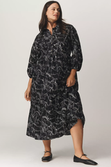 Stylish Black Poly Rayon Collared Dress With Horse Print & Puff Sleeves