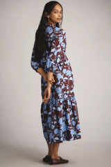 Ravising Coffee Brown Poly Rayon Collared Dress With Floral Print & Puff Sleeves