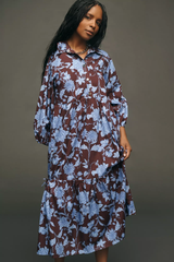 Ravising Coffee Brown Poly Rayon Collared Dress With Floral Print & Puff Sleeves