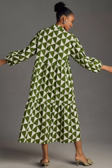 Elegant Green Poly Rayon Collared Dress With Geometric & Puff Sleeves