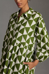 Elegant Green Poly Rayon Collared Dress With Geometric & Puff Sleeves