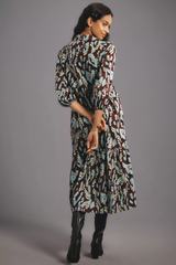 Chic Wine Poly Rayon Collared Dress With Abstract & Puff Sleeves