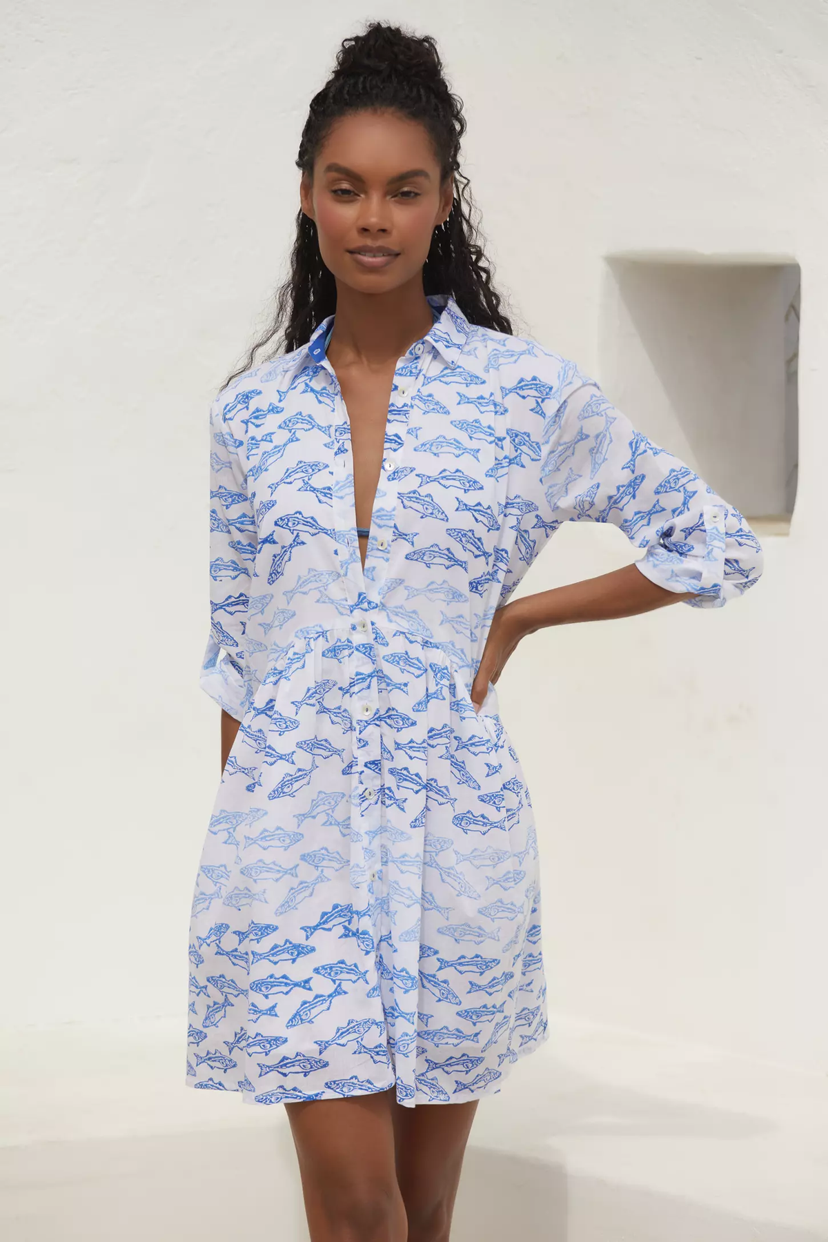 Chic White Poly Rayon Fish Print Dress