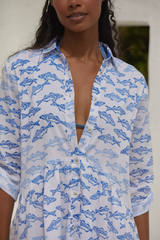 Chic White Poly Rayon Collared Dress With Fish Print & Regular Sleeve