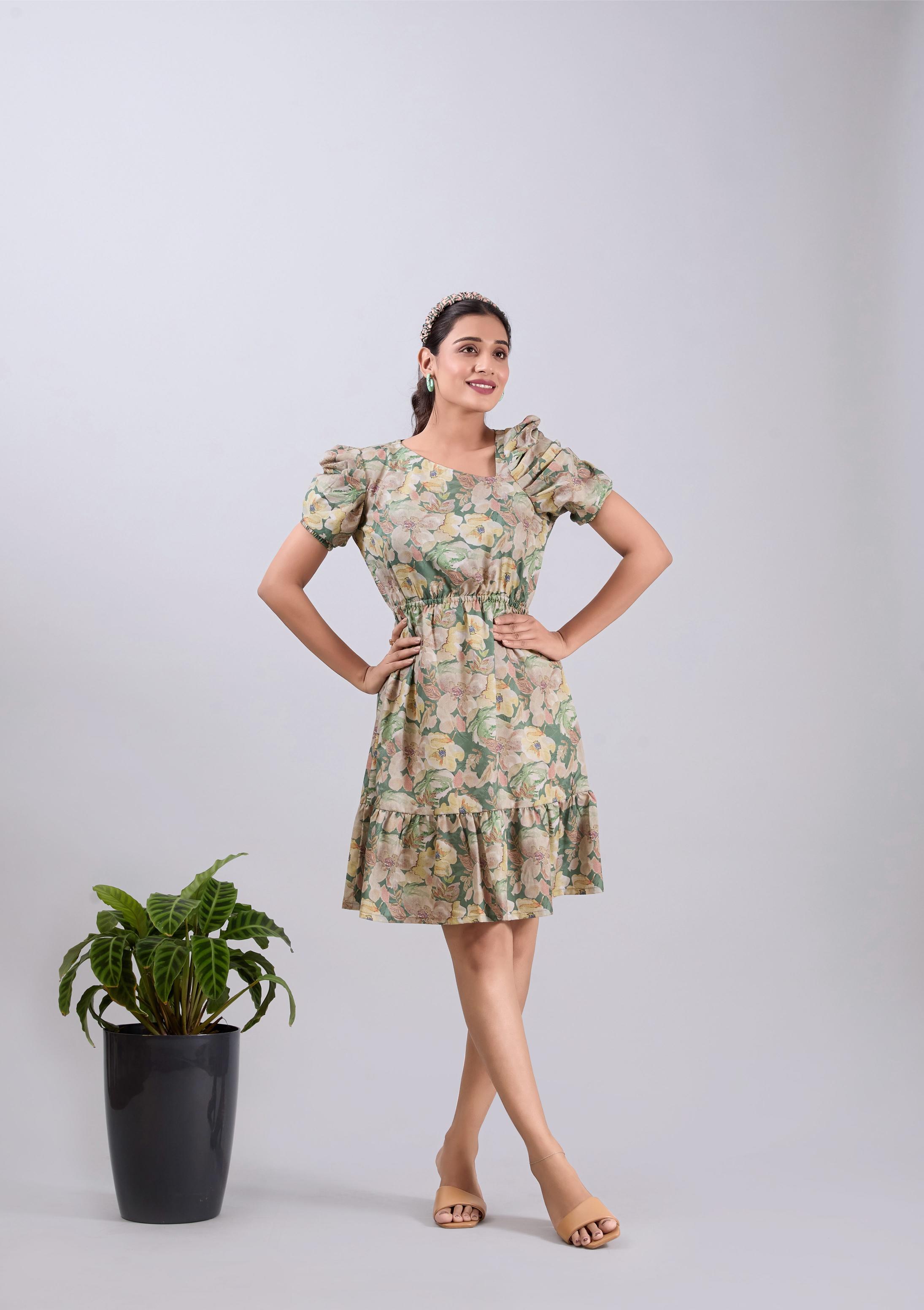 Trendy Olive Green Square Neck Poly Crepe Mini Dress Puff Sleeves-RD655