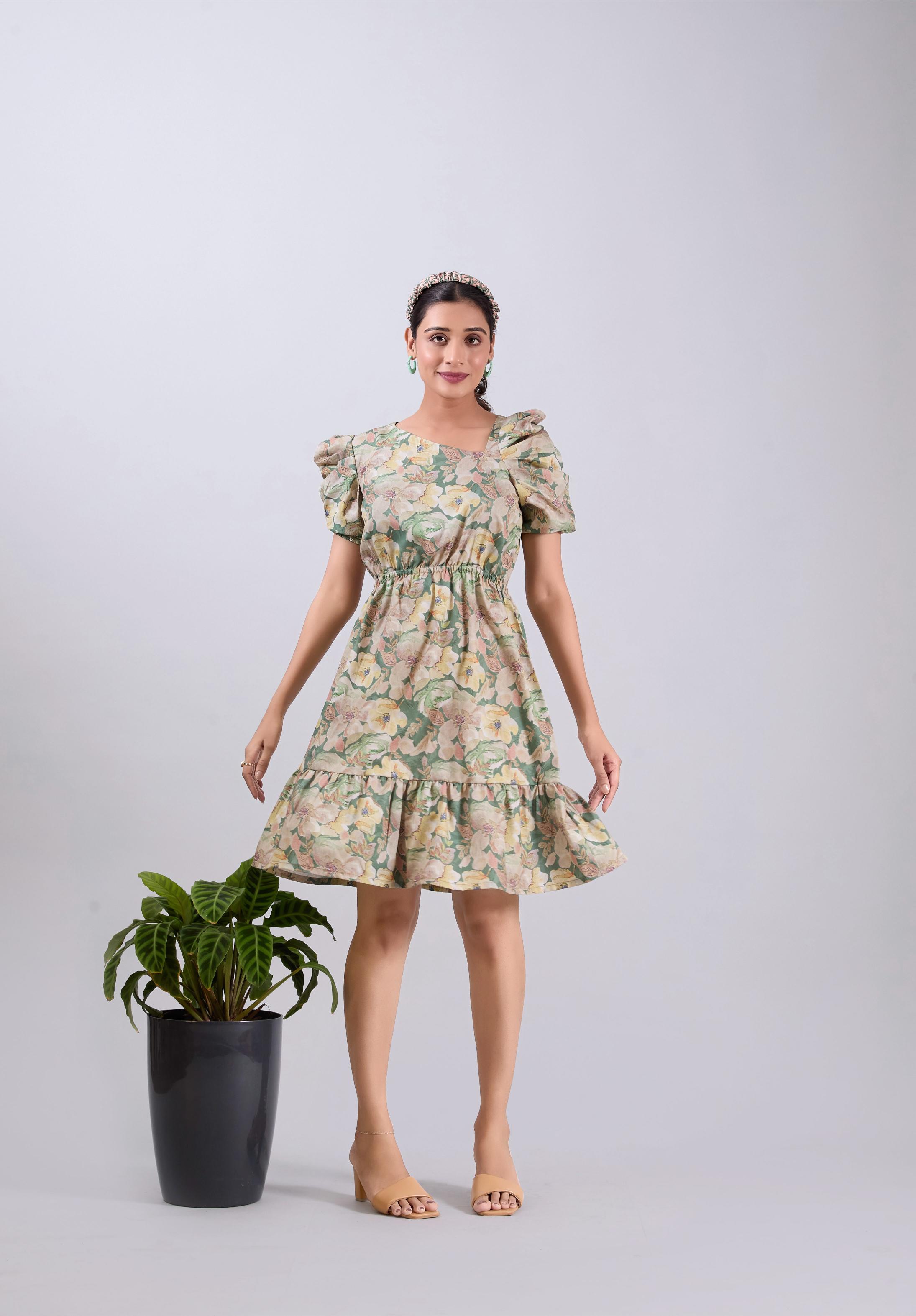 Trendy Olive Green Square Neck Poly Crepe Mini Dress Puff Sleeves-RD655