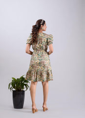Trendy Olive Green Square Neck Poly Crepe Mini Dress Puff Sleeves-RD655