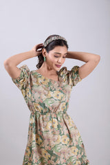 Trendy Olive Green Square Neck Poly Crepe Mini Dress Puff Sleeves-RD655