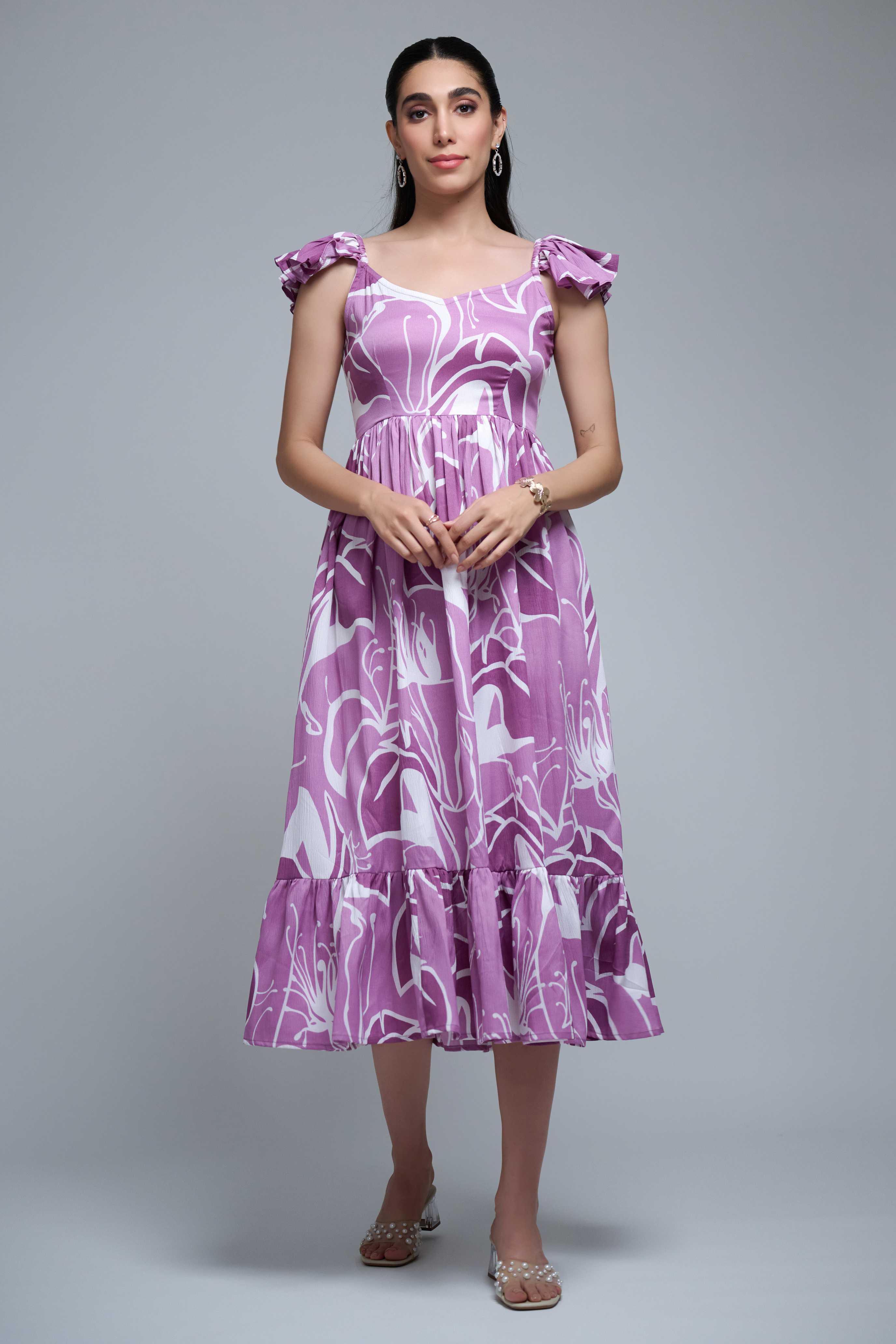 Purple Polyester Ruffle Sleeve Floral Print Dress