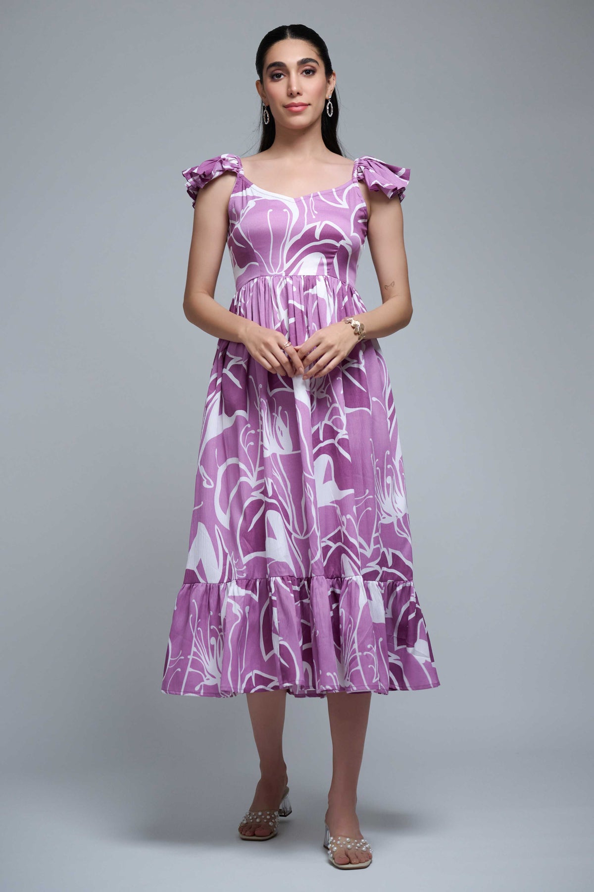 Purple Polyester Ruffle Sleeve Floral Print Dress