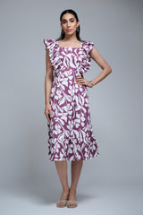Purple Polyester Floral Print Ruffle Sleeve Dress