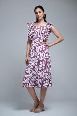 Purple Polyester Floral Print Ruffle Sleeve Dress