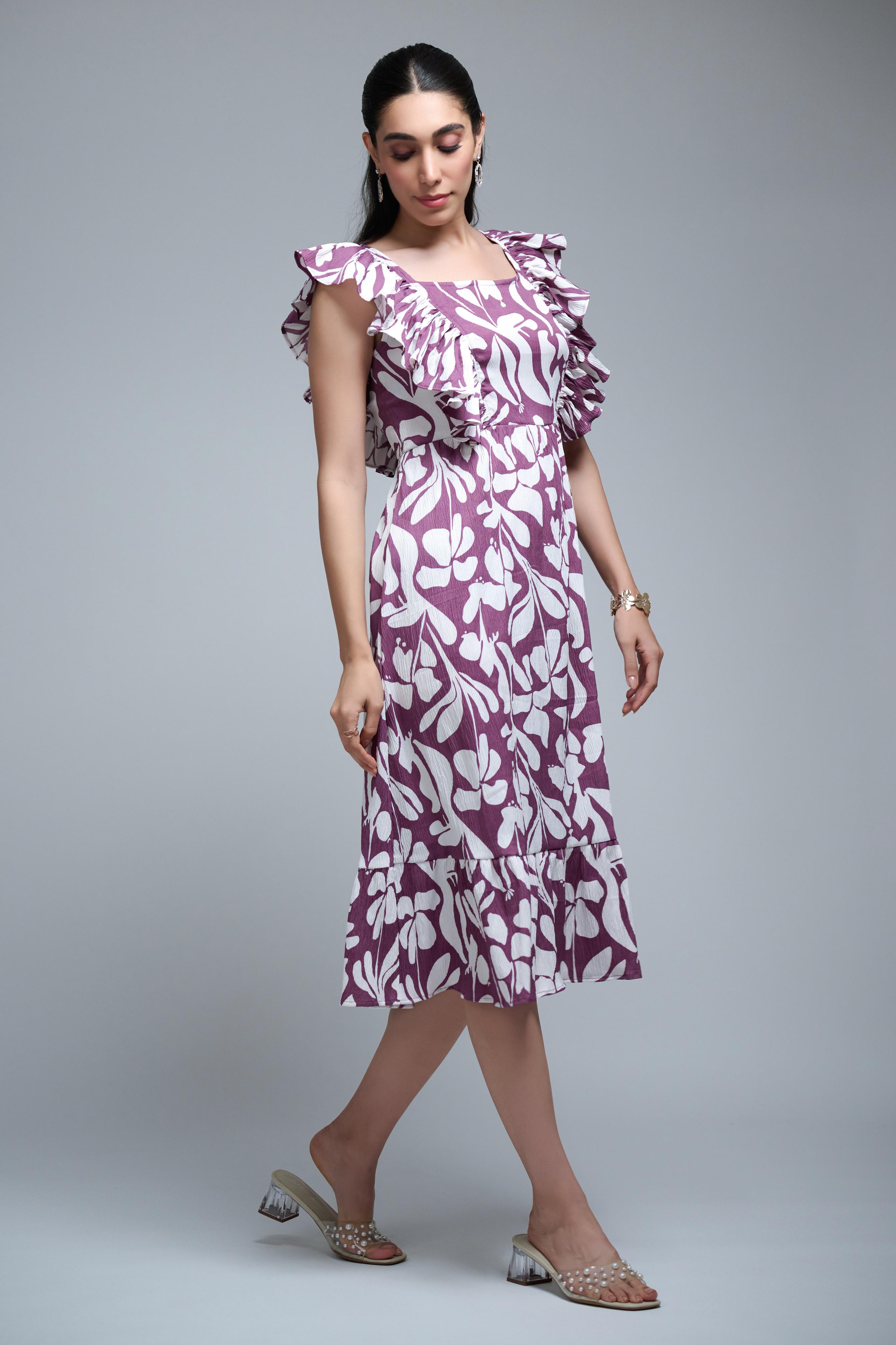 Purple Polyester Floral Print Ruffle Sleeve Dress