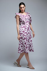 Purple Polyester Floral Print Ruffle Sleeve Dress