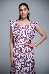 Purple Polyester Floral Print Ruffle Sleeve Dress