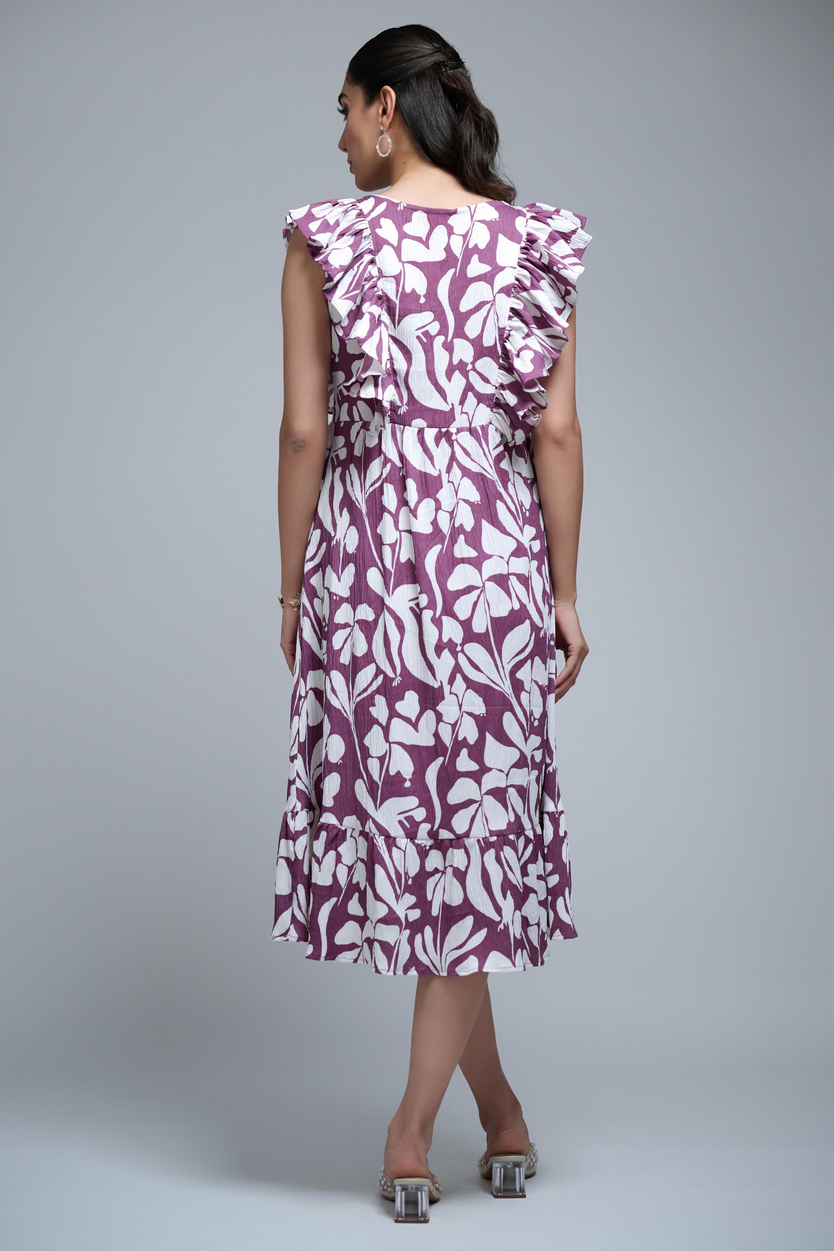 Purple Polyester Floral Print Ruffle Sleeve Dress