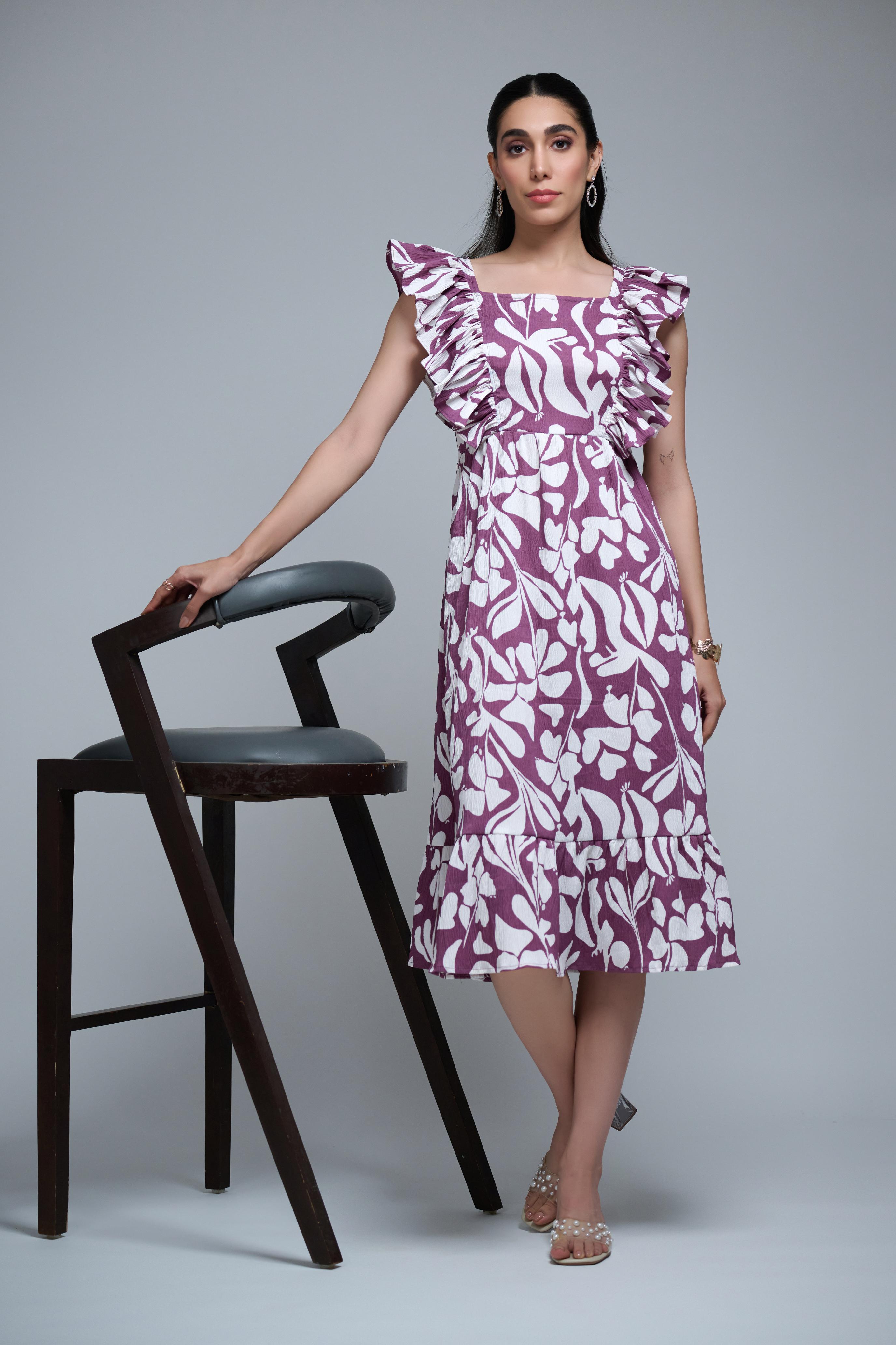 Purple Polyester Floral Print Ruffle Sleeve Dress
