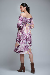 Purple Polyester Elbow Straight Sleeves  Floral Print Dress