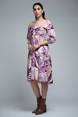 Purple Polyester Elbow Straight Sleeves  Floral Print Dress