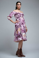 Purple Polyester Elbow Straight Sleeves  Floral Print Dress