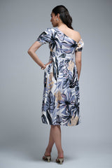 Black-Multi Polyester One Shoulder Sleeve Floral Print Dress