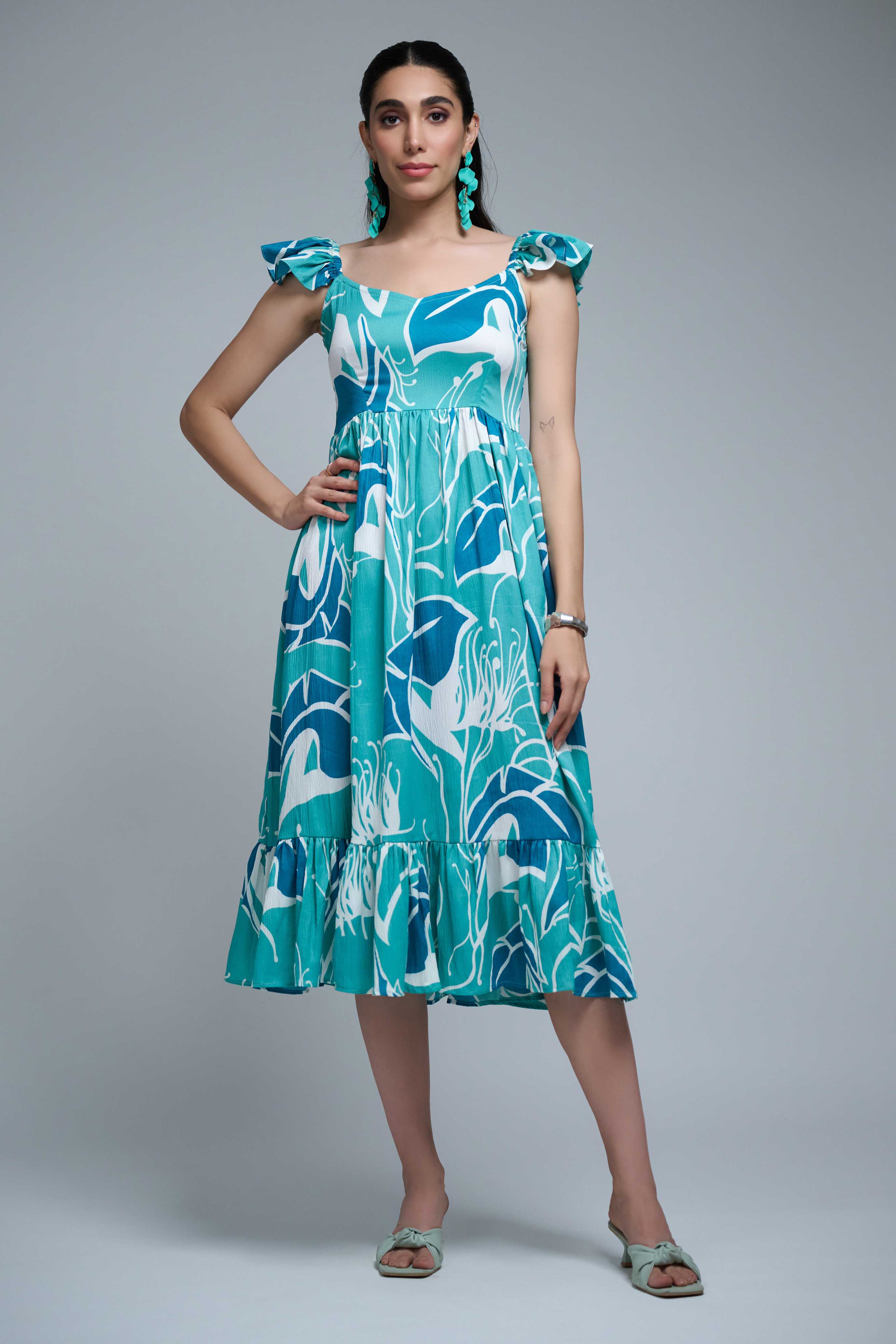 turquoise  Polyester Ruffle Sleeve Leaf Print Dress