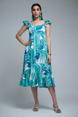 turquoise  Polyester Ruffle Sleeve Leaf Print Dress