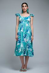 turquoise  Polyester Ruffle Sleeve Leaf Print Dress