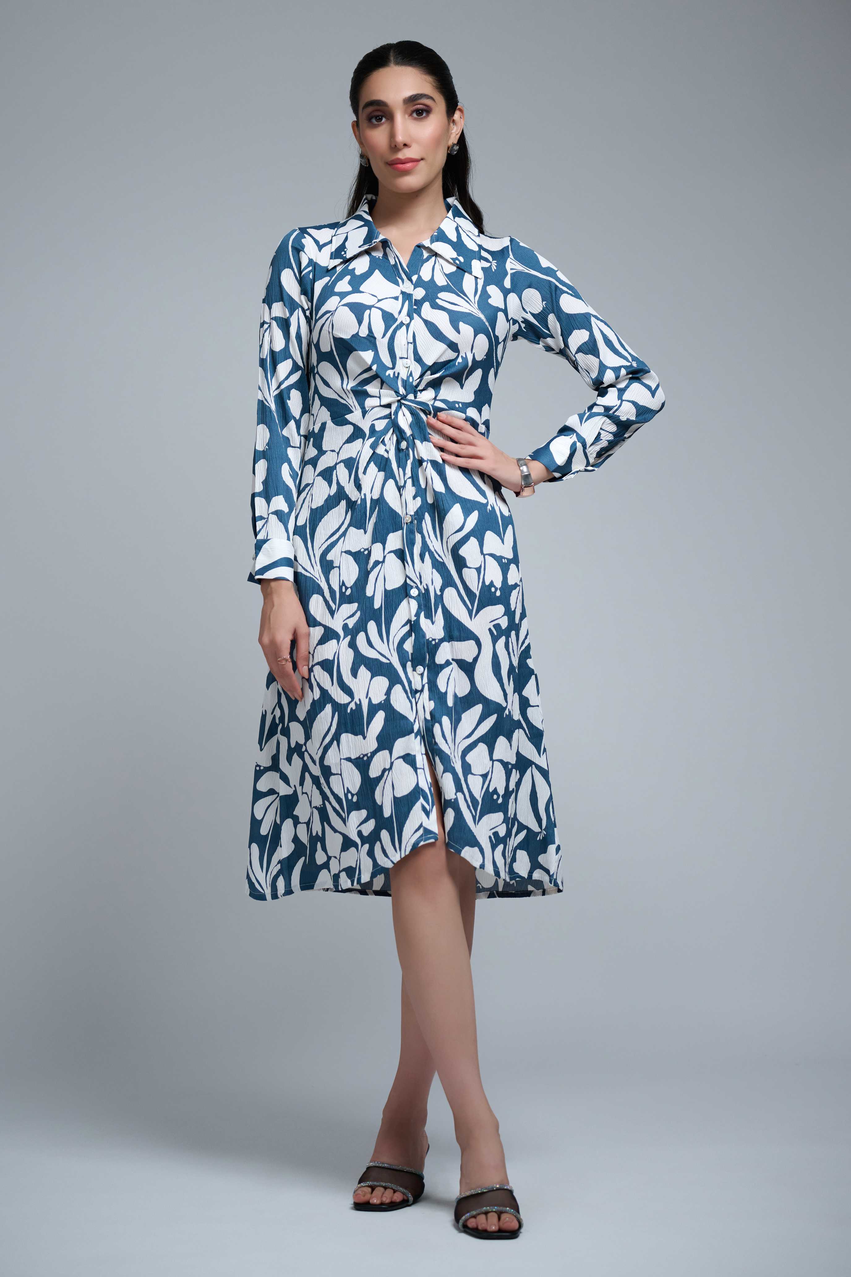 Blue-White Polyester Point Collar Cuff Sleeve Leaf Print Knee Length Dress