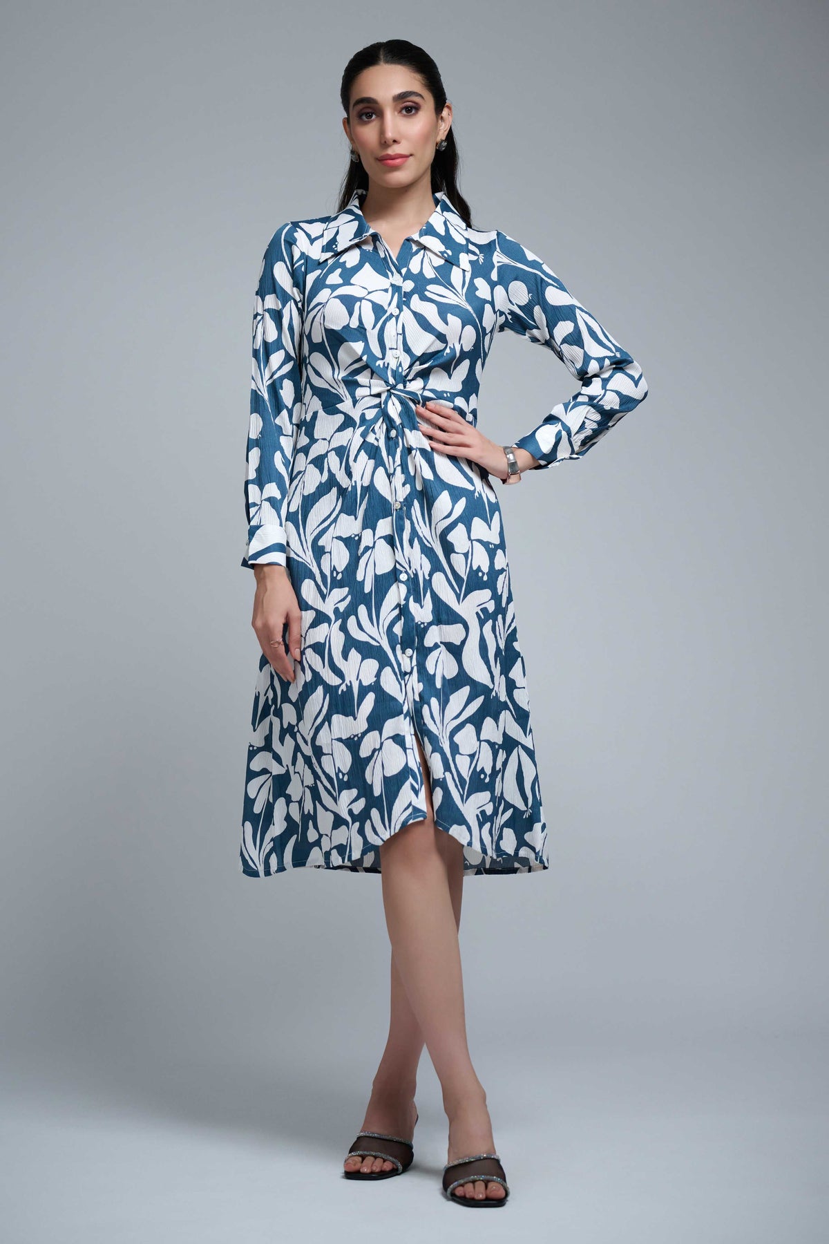 Blue-White Polyester Point Collar Cuff Sleeve Leaf Print Knee Length Dress