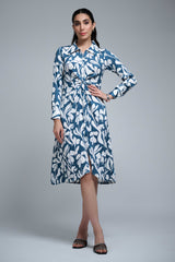 Blue-White Polyester Point Collar Cuff Sleeve Leaf Print Knee Length Dress