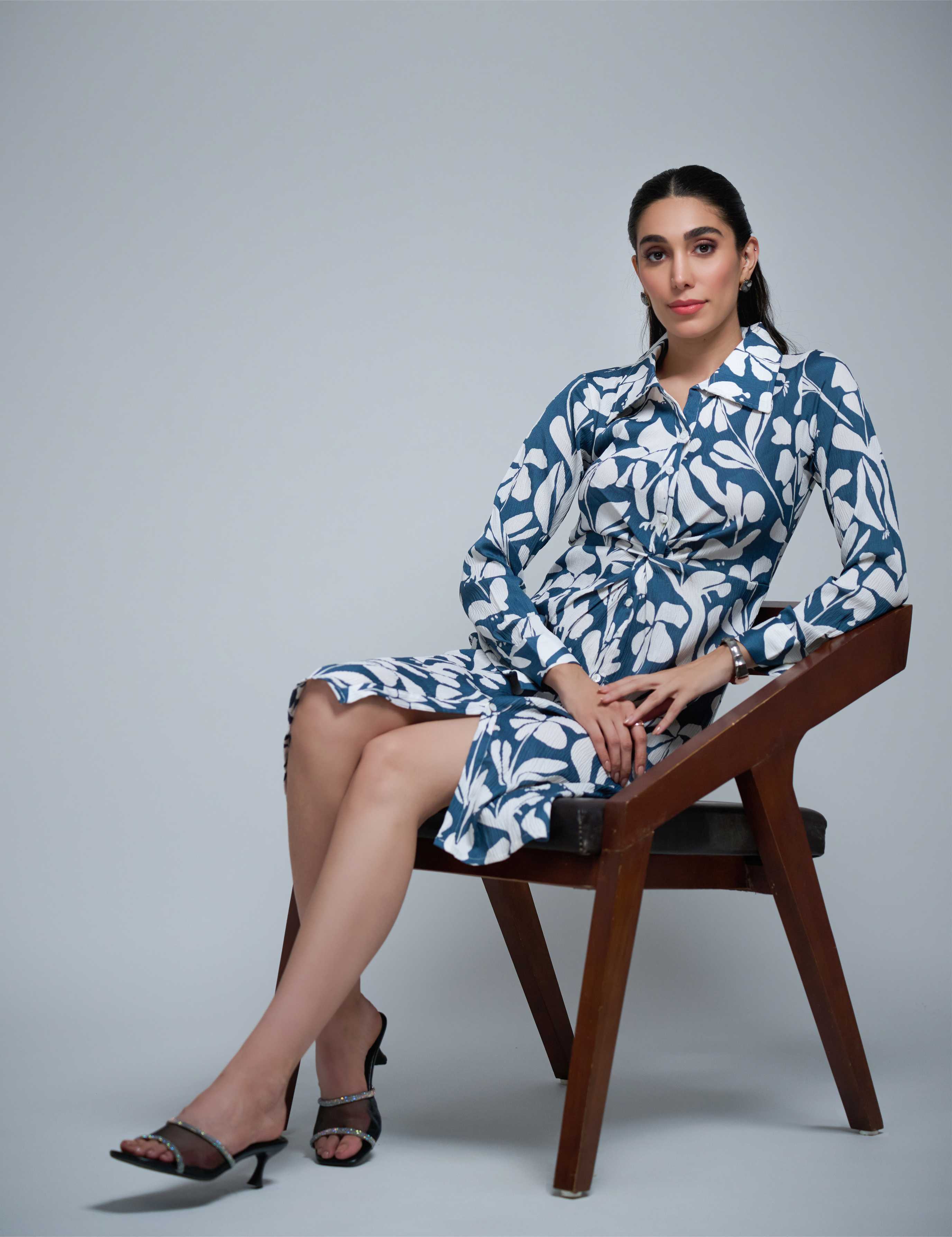 Blue-White Polyester Point Collar Cuff Sleeve Leaf Print Knee Length Dress