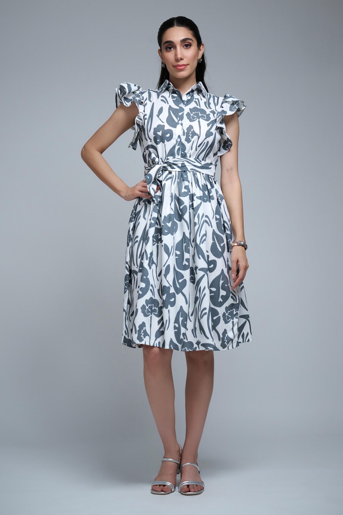 Grey Poly Rayon Leaf Print Ruffle Sleeve Dress