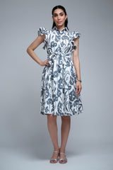 Grey Poly Rayon Leaf Print Ruffle Sleeve Dress
