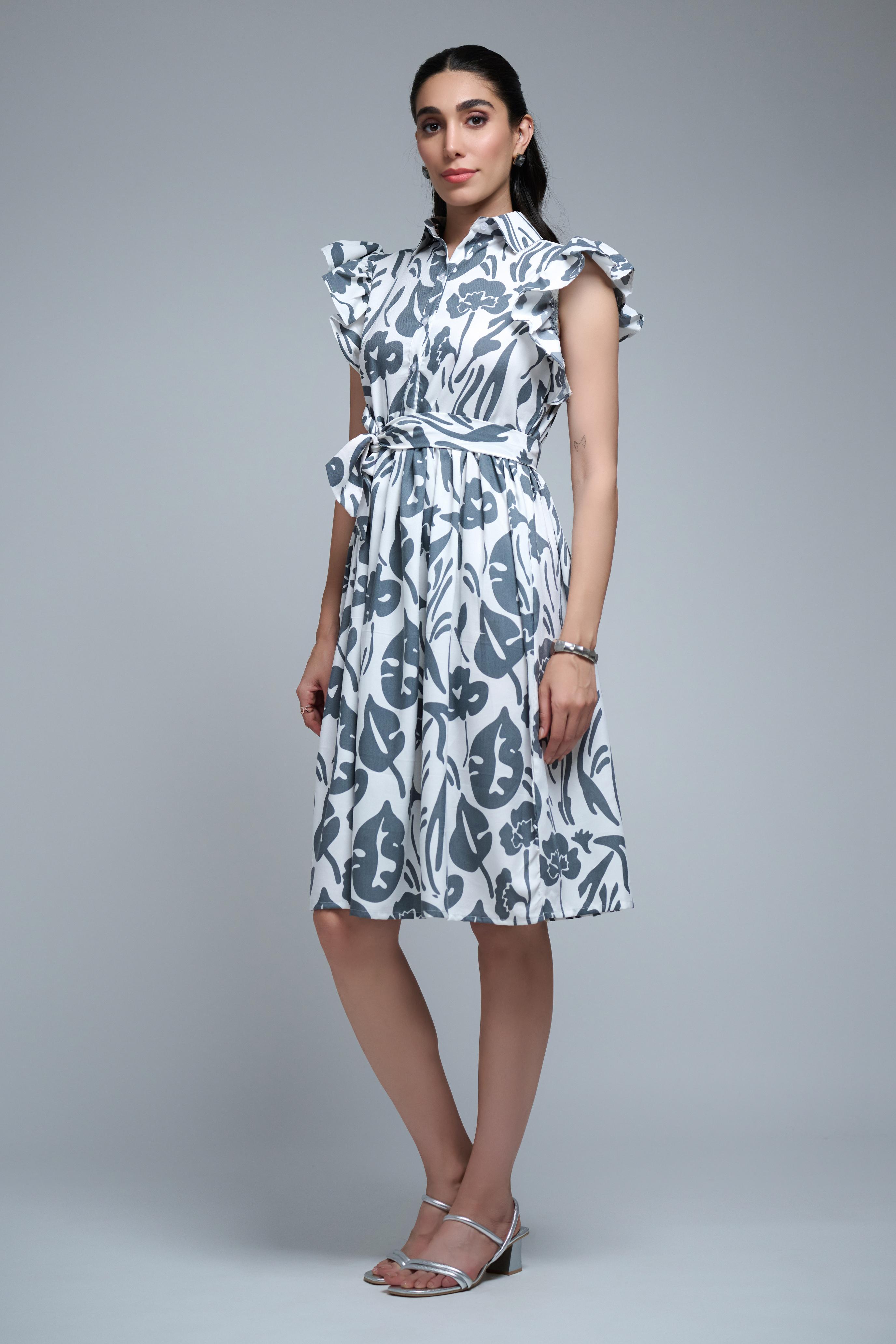 Grey Poly Rayon Leaf Print Ruffle Sleeve Dress
