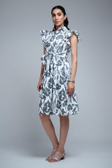 Grey Poly Rayon Leaf Print Ruffle Sleeve Dress
