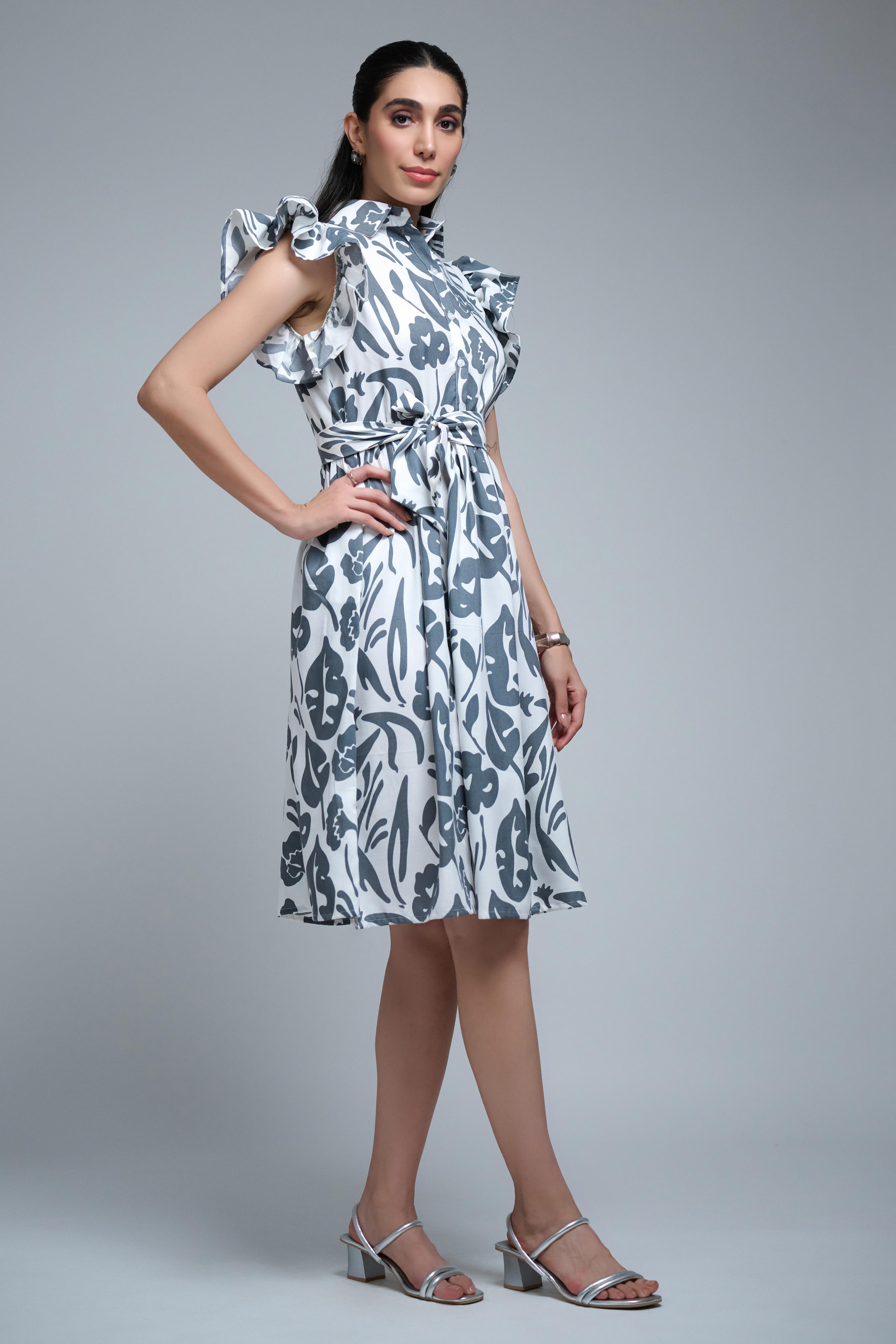 Grey Poly Rayon Leaf Print Ruffle Sleeve Dress