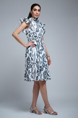 Grey Poly Rayon Leaf Print Ruffle Sleeve Dress