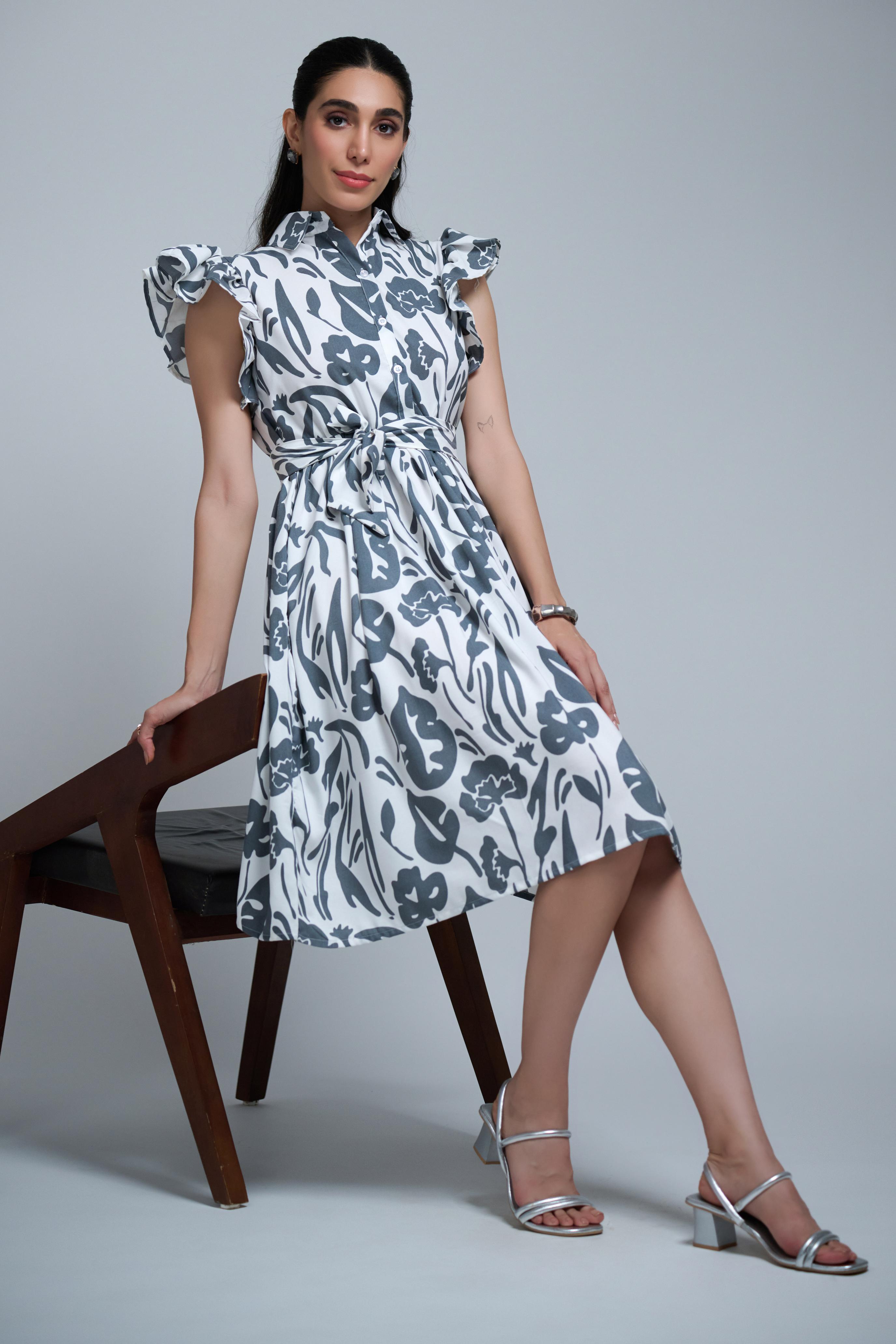 Grey Poly Rayon Leaf Print Ruffle Sleeve Dress