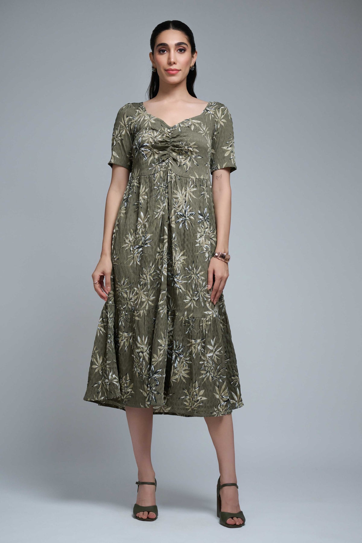 Olive Green Poly Lycra Regular Sleeve Leaf Print Dress