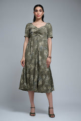 Olive Green Poly Lycra Regular Sleeve Leaf Print Dress