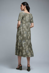Olive Green Poly Lycra Regular Sleeve Leaf Print Dress