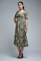 Olive Green Poly Lycra Regular Sleeve Leaf Print Dress