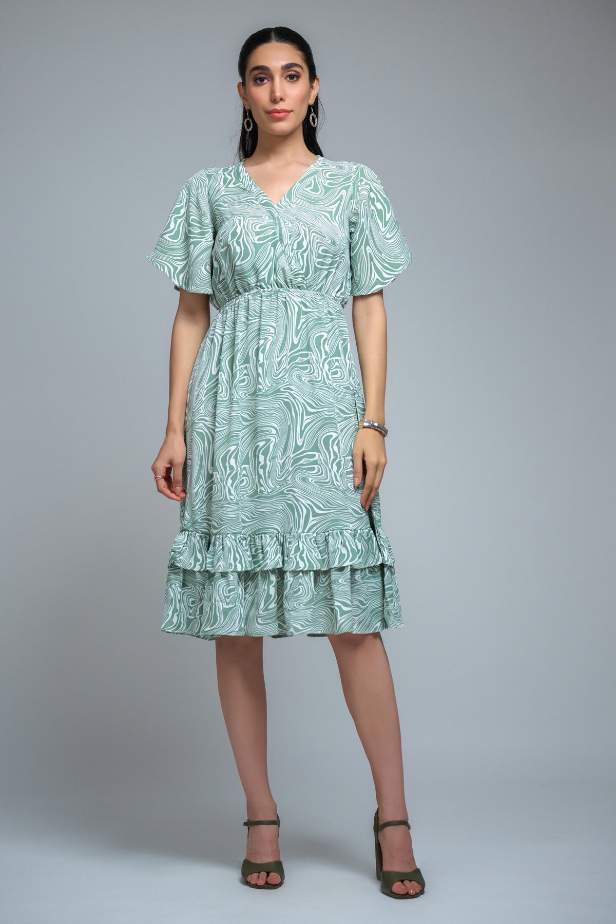 Pista Green Poly Crepe Spiral Print Ruffle Sleeve Dress