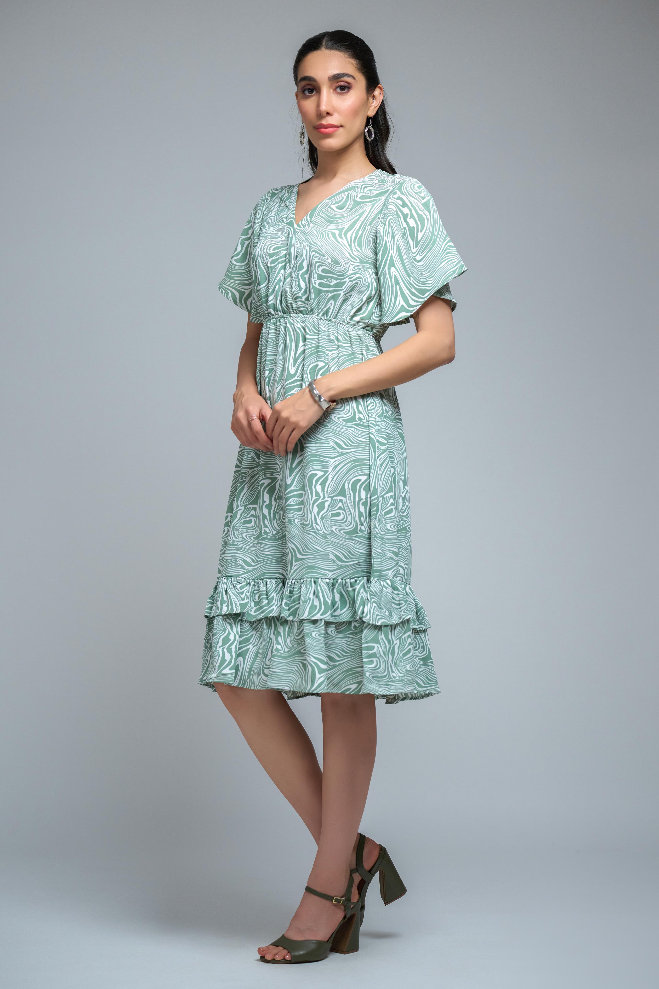 Pista Green Poly Crepe Spiral Print Ruffle Sleeve Dress