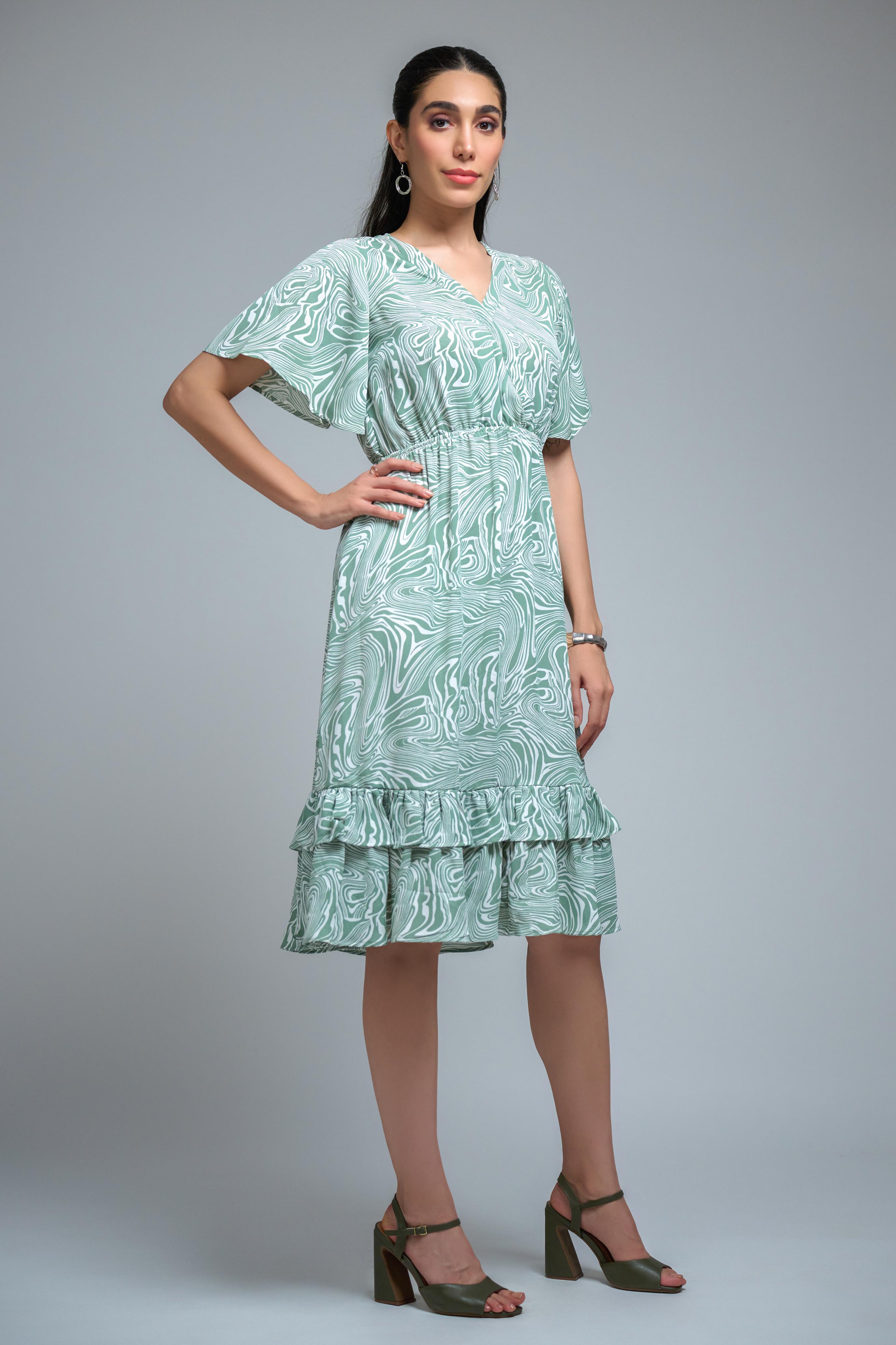 Pista Green Poly Crepe Spiral Print Ruffle Sleeve Dress