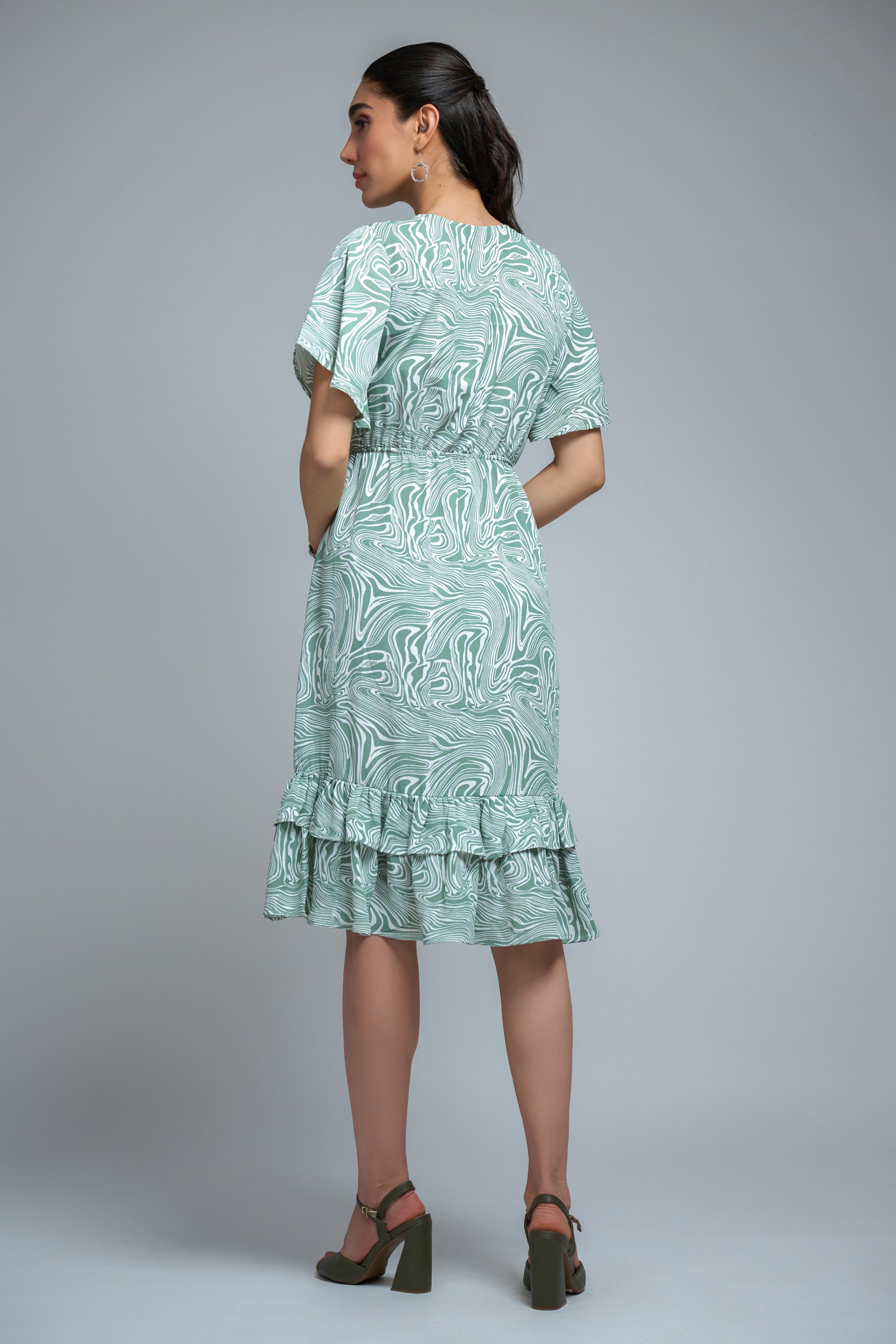 Pista Green Poly Crepe Spiral Print Ruffle Sleeve Dress