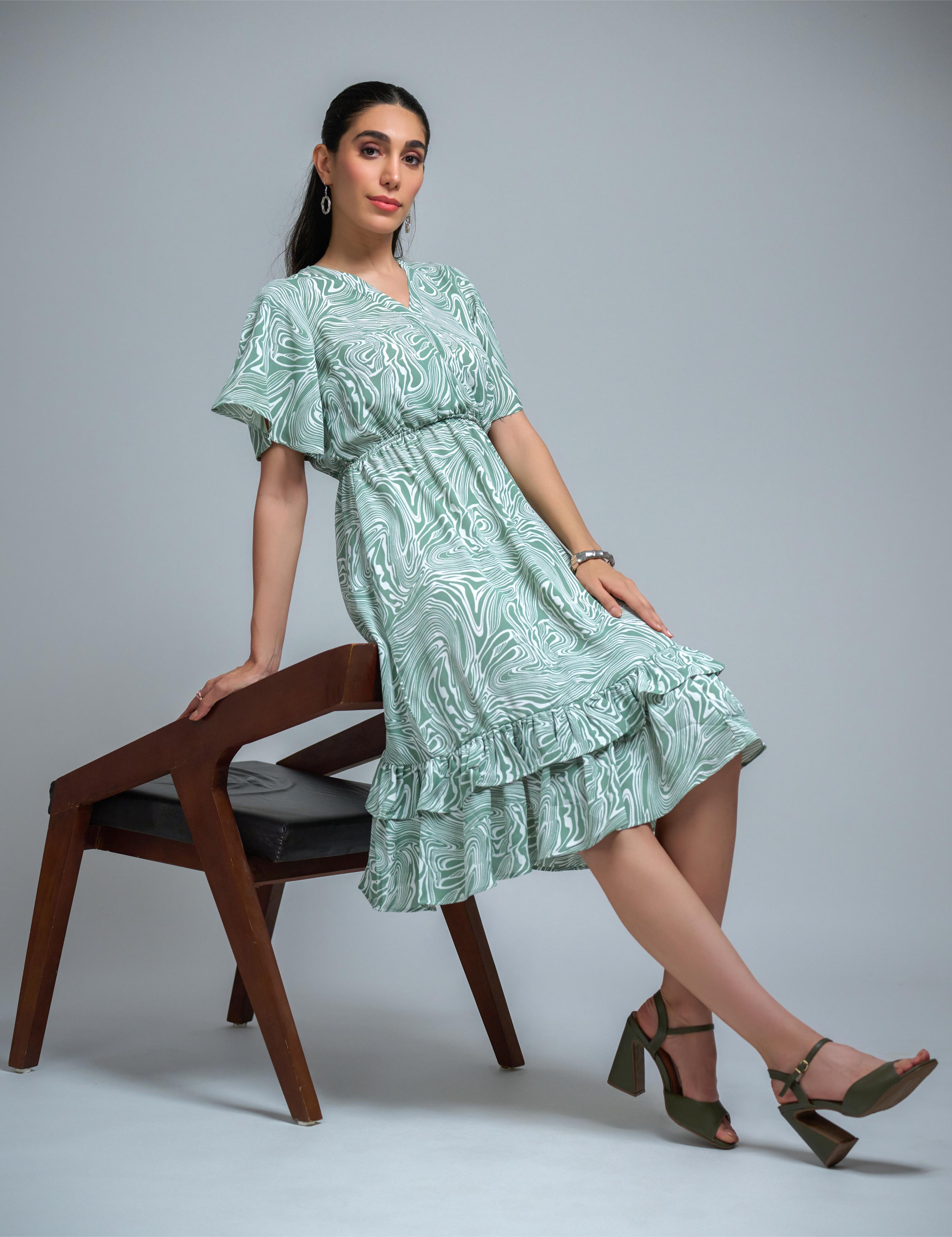 Pista Green Poly Crepe Spiral Print Ruffle Sleeve Dress